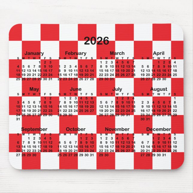 Tapis De Souris Red and White Checkerboard 2026 Calendar (Devant)