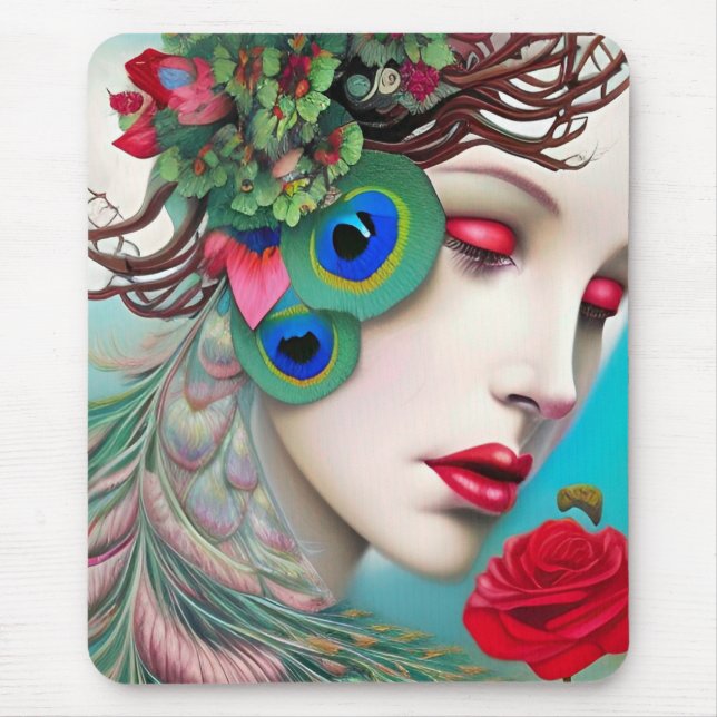 Tapis De Souris Red Lips et Rose Peacock Abstrait (Devant)