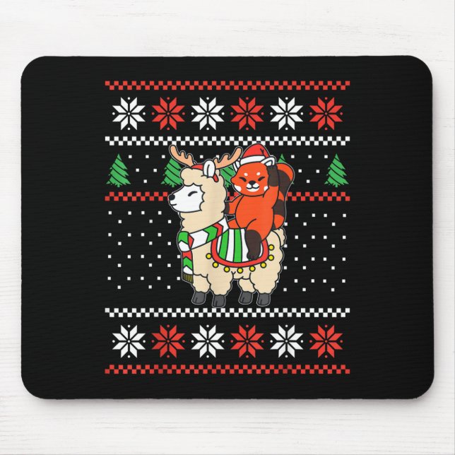 Tapis De Souris Red Panda Ugly Christmas Sweater Reindeer Llama Ri (Devant)