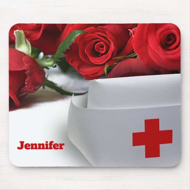 Tapis De Souris Red Roses and Nurse Casquette Nom personnalisé Cad (Devant)