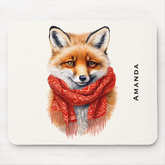 Tapis De Souris Renard mignon avec une écharpe rouge Image d'autom (Devant)