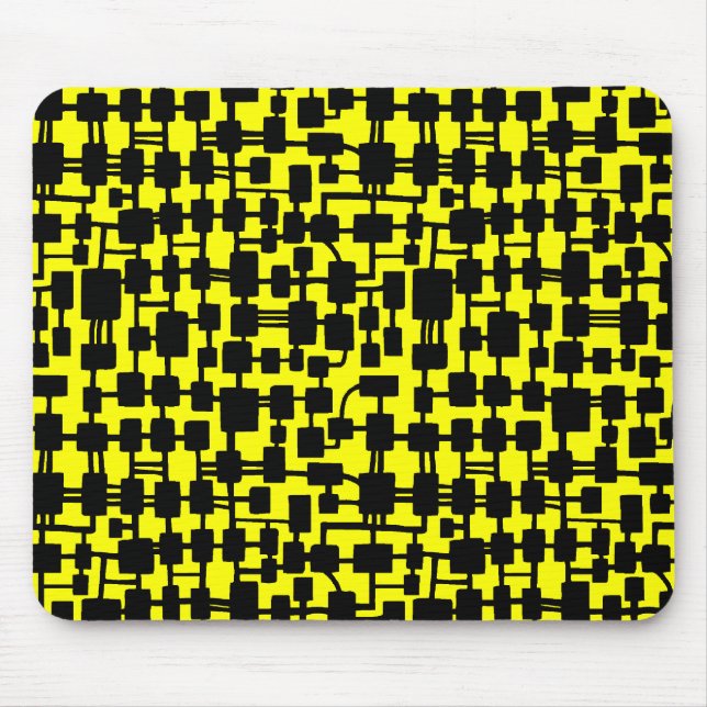 Tapis De Souris Réseau Abstrait - Noir sur Jaune FFFF00 (Devant)