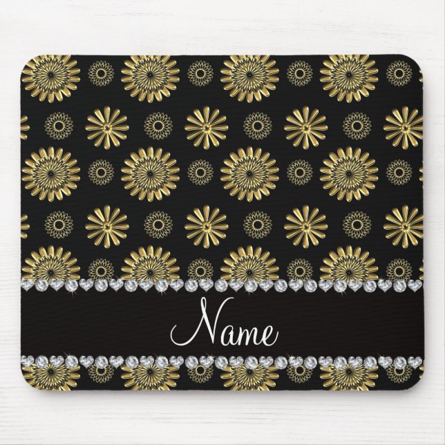 Tapis De Souris Rétros fleurs noires nommées personnalisées d'or (Devant)