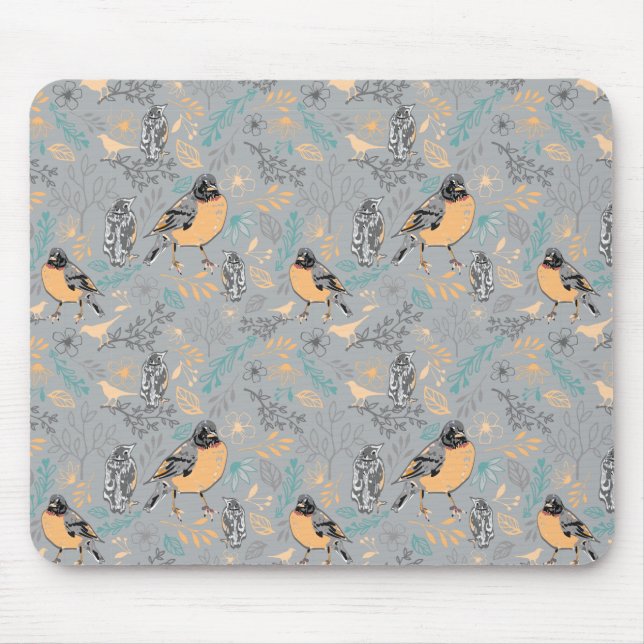 Tapis De Souris Robin Bird Mama et bébé Été Brood Avec Fleurs (Devant)
