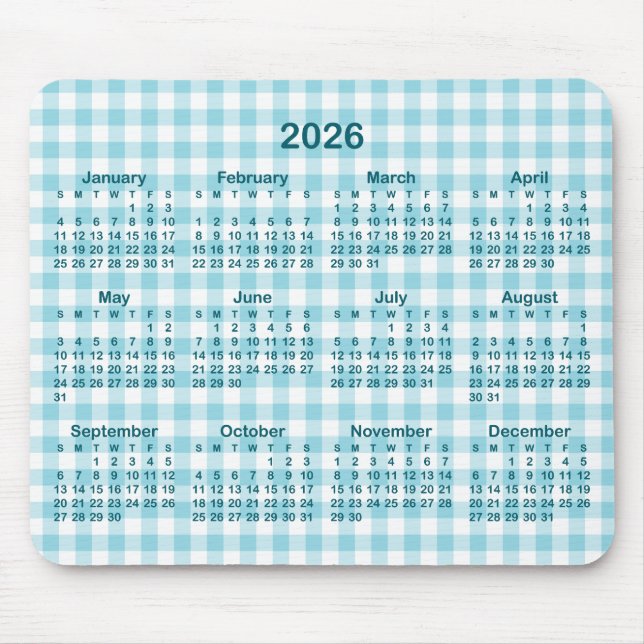 Tapis De Souris Robin Egg Blue Gingham Plaid 2026 Calendar (Devant)