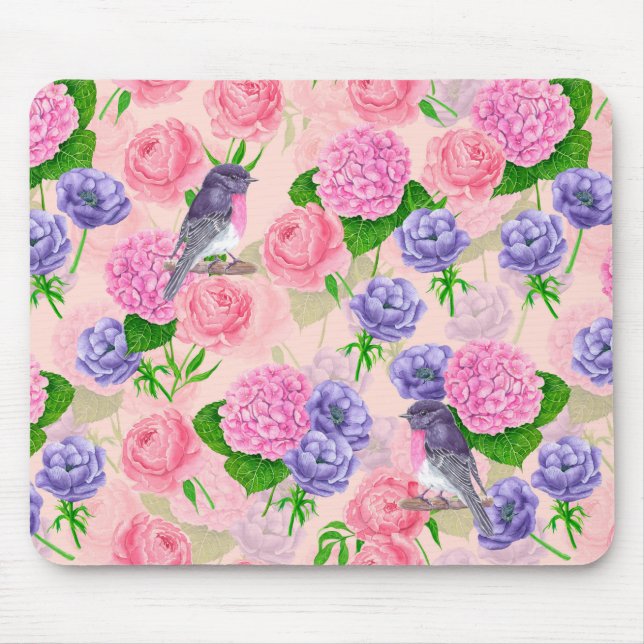 Tapis De Souris Robin et fleurs, motif aquarelle (Devant)