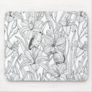 Tapis De Souris Robins et fleurs de lys, noir et blanc