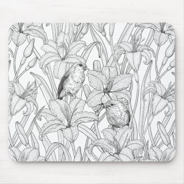Tapis De Souris Robins et fleurs de lys, noir et blanc (Devant)