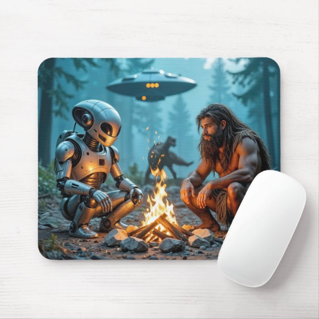 Tapis De Souris Robot Caveman et Alien par un feu de camp (Avec souris)