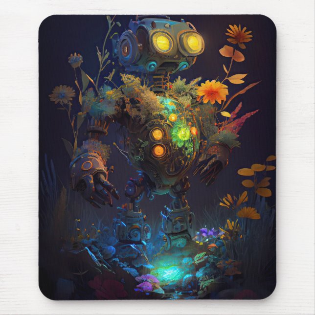 Tapis De Souris Robot des fleurs tropicales des yeux jaunes (Devant)