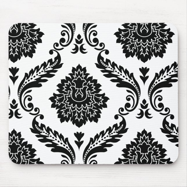 Tapis De Souris Rococo Damask décentré Pattern Noir sur Blanc (Devant)