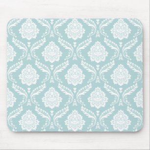 Tapis De Souris Rococo Damassé Répétition Motif Blanc sur Fond Ble
