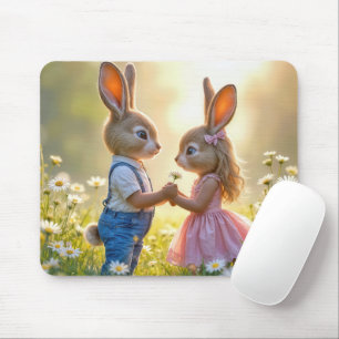 Tapis De Souris Romance de lapin dans un champ de pâquerettes