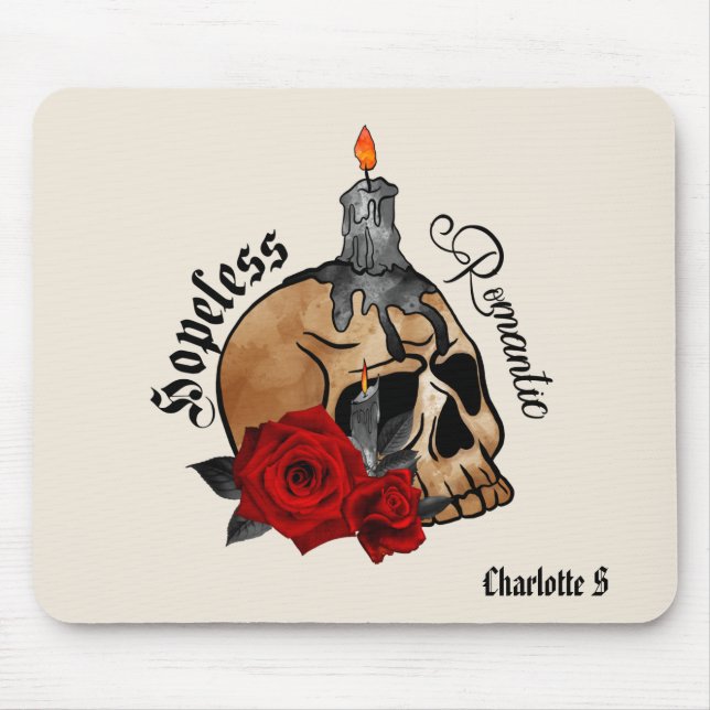 Tapis De Souris Romantique sans espoir - Crâne gothique, Rose roug (Devant)