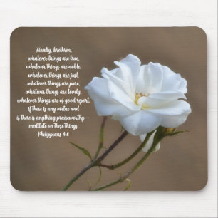 Tapis De Souris Rose Blanche Pure de Foi Philippiens 4:8 Verset Bi