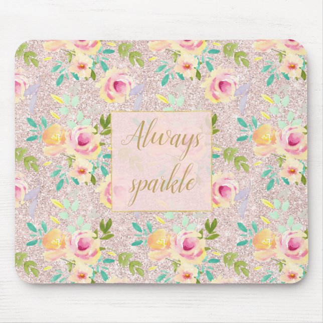 Tapis De Souris Rose Blush Faux Parties scintillant Étincelle Flor (Devant)