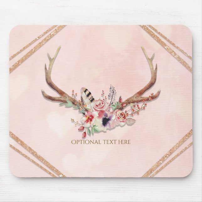 Tapis De Souris Rose Blush rose Floral Cerf Antlers Boho Chic Glam (Devant)