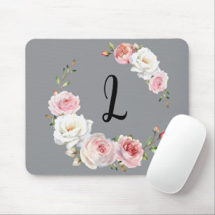 Tapis De Souris Rose Chic Roses Blanches Script initial Gris