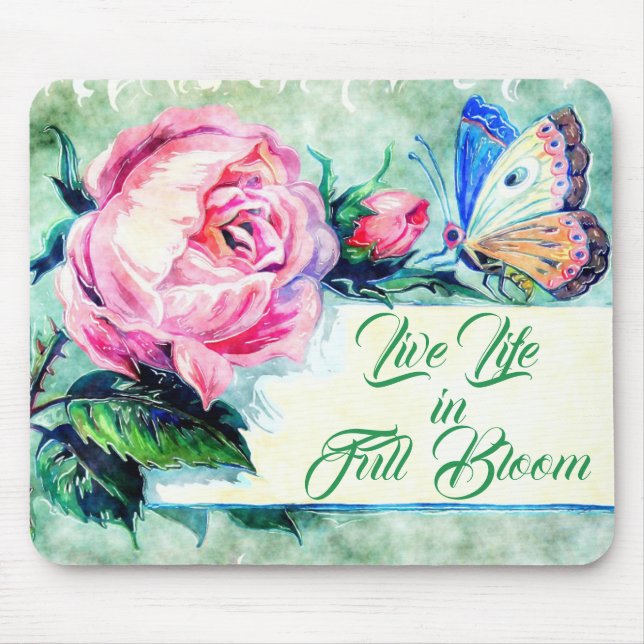 Tapis De Souris Rose d'aquarelle et citation inspirée de papillon (Devant)