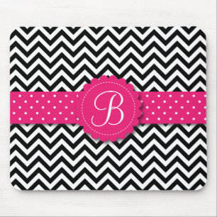 Tapis De Souris Rose Girly de monogramme blanc noir élégant de