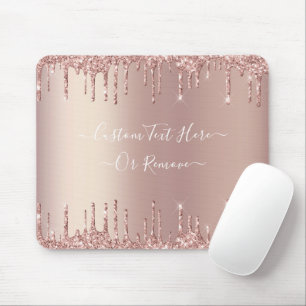 Tapis De Souris Rose Gold Blush Glitter Sparkle Drips Custom Text 