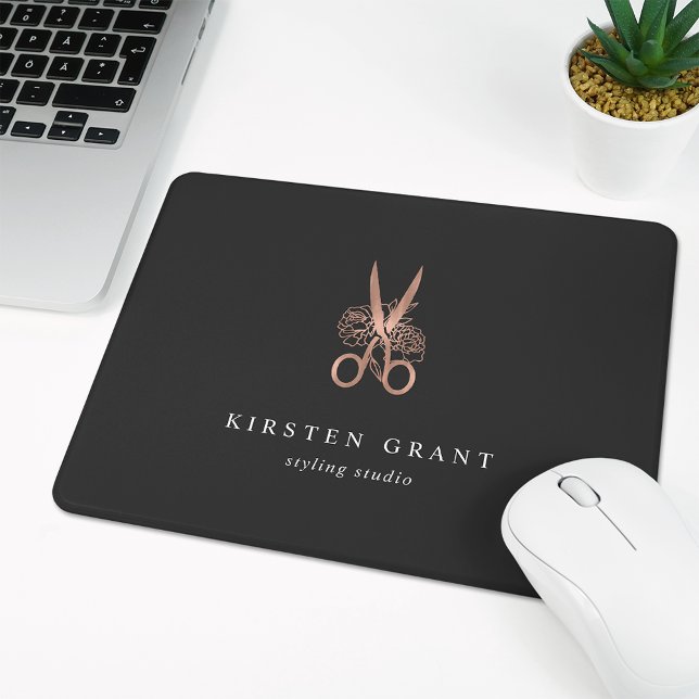 Tapis De Souris Rose Gold Floral Ciseaux Salon Logo (Créateur téléchargé)