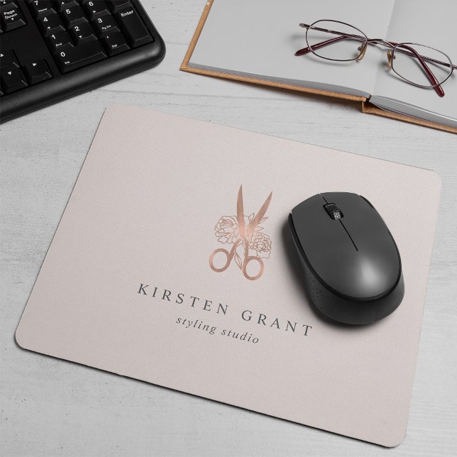 Tapis De Souris Rose Gold Floral Ciseaux Salon Logo (Créateur téléchargé)