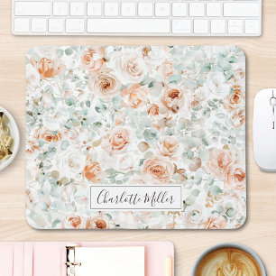 Tapis De Souris Rose Monogramme Feuilles d'Eucalyptus Floral Végét