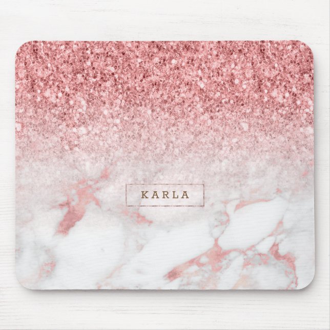 Tapis De Souris Rose-or faux marbre & parties scintillant ombre (Devant)