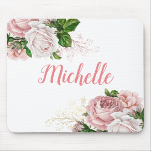Tapis De Souris Rose Pâle Élégant Fleurs Blanches