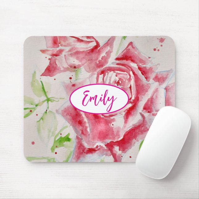 Tapis De Souris Rose rose Rose Aquarelle Fleur Floral art (Avec souris)