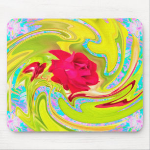 Tapis De Souris Rose rouge Abstraite sur Yellow et Aqua Swirl