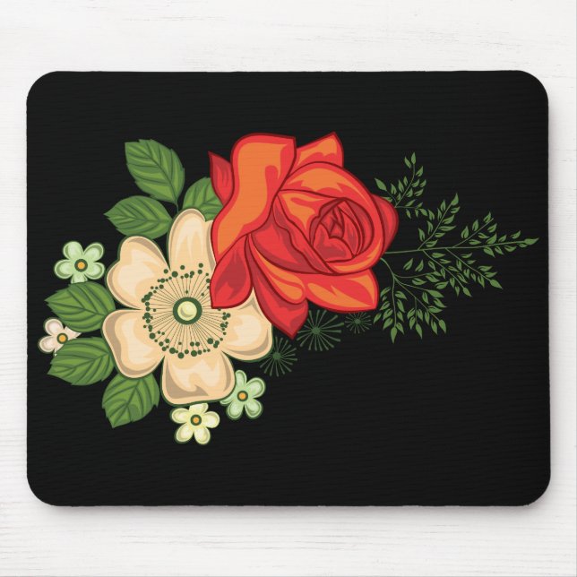 Tapis De Souris Rose rouge et marguerites Arrière - plan noir (Devant)