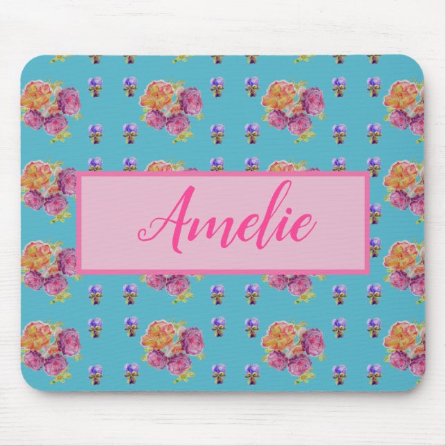 Tapis De Souris Rose rouge Shabby Chic Aqua Turquoise Floral Flowe (Devant)