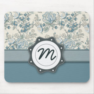 Tapis De Souris Roses bleus et crèmes avec le monogramme