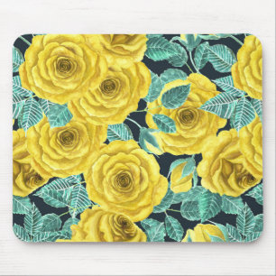 Tapis De Souris Roses d'aquarelle jaune avec feuilles et pattes de