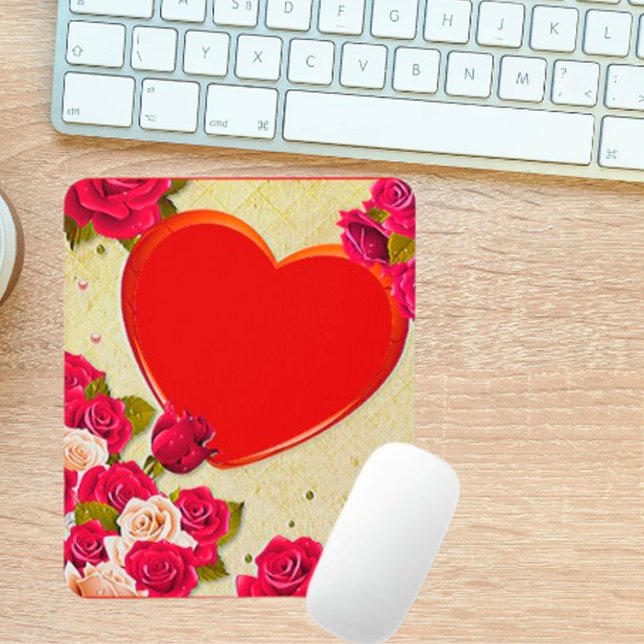 Tapis De Souris Roses et cadre cardiaque Ajouter votre photo (Créateur téléchargé)