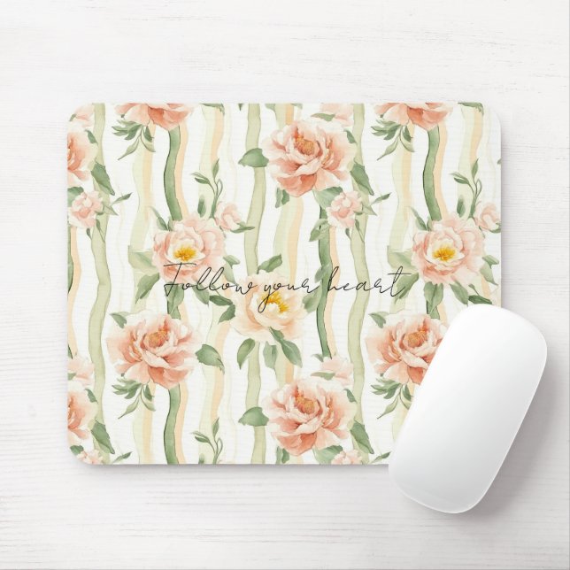 Tapis De Souris Roses Jolies Bandes Florales de Menthe Pêche (Avec souris)