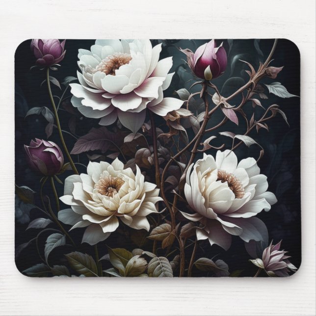 Tapis De Souris Roses noires et blanches Aquarelle ai art (Devant)