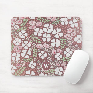 Tapis De Souris Roses roses blanches Floral Rose or Monogramme
