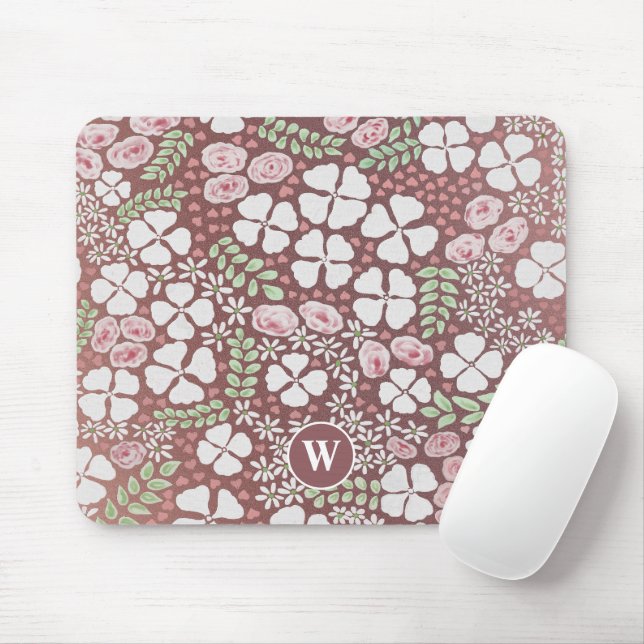 Tapis De Souris Roses roses blanches Floral Rose or Monogramme (Avec souris)
