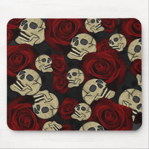 Tapis De Souris Roses Rouges & Crânes Floral Noir Gothique