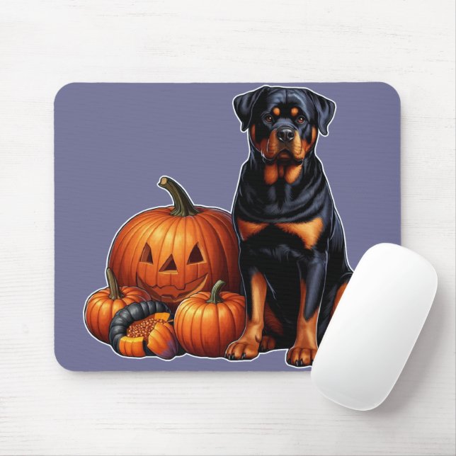 Tapis De Souris Rotweiler Chien assis par des Citrouilles d'Hallow (Avec souris)