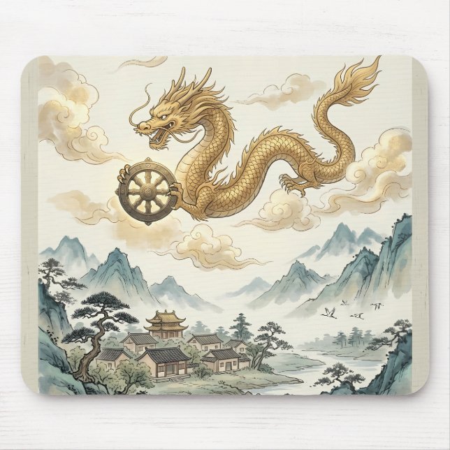 Tapis de souris Roue du Dharma et Dragon Ancien -  (Devant)