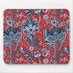 Tapis De Souris Rouge Blanc & Bleu Floral Paisley Bohème Boho