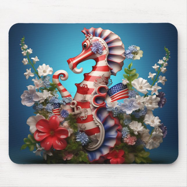 TAPIS DE SOURIS ROUGE BLANC BLEU PATRIOTIQUE HORSE DE MER ET FLEUR (Devant)