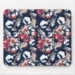 Tapis De Souris Rouge, fleurs blanches sur bleu.
