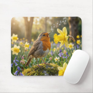 Tapis De Souris Rouge-gorge chantant dans un Jonquille