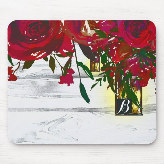 Tapis De Souris Rouge romantique Aquarelle Rose & Lanterne Rustiqu (Devant)