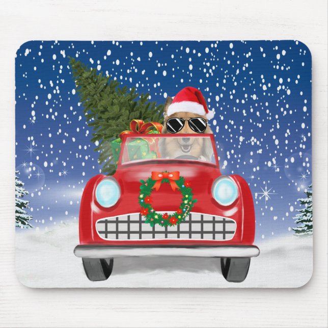 Tapis De Souris Rough Collie Chien Conduite Voiture En Neige Noël (Devant)